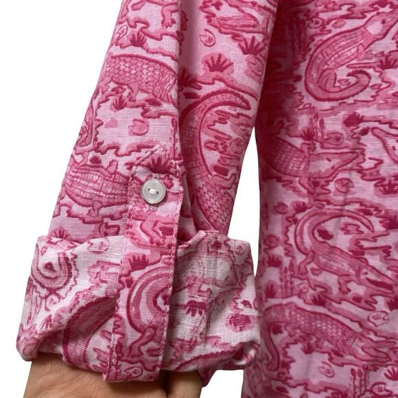 Charter Club Alligator Print Linen Blend Button Up Shirt Size L Vacation Womens - Picture 6 of 10